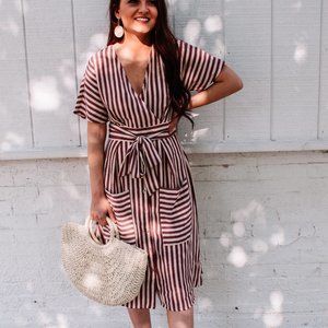 CLAY AND CREAM STRIPED MIDI-DRESS WITH TIE